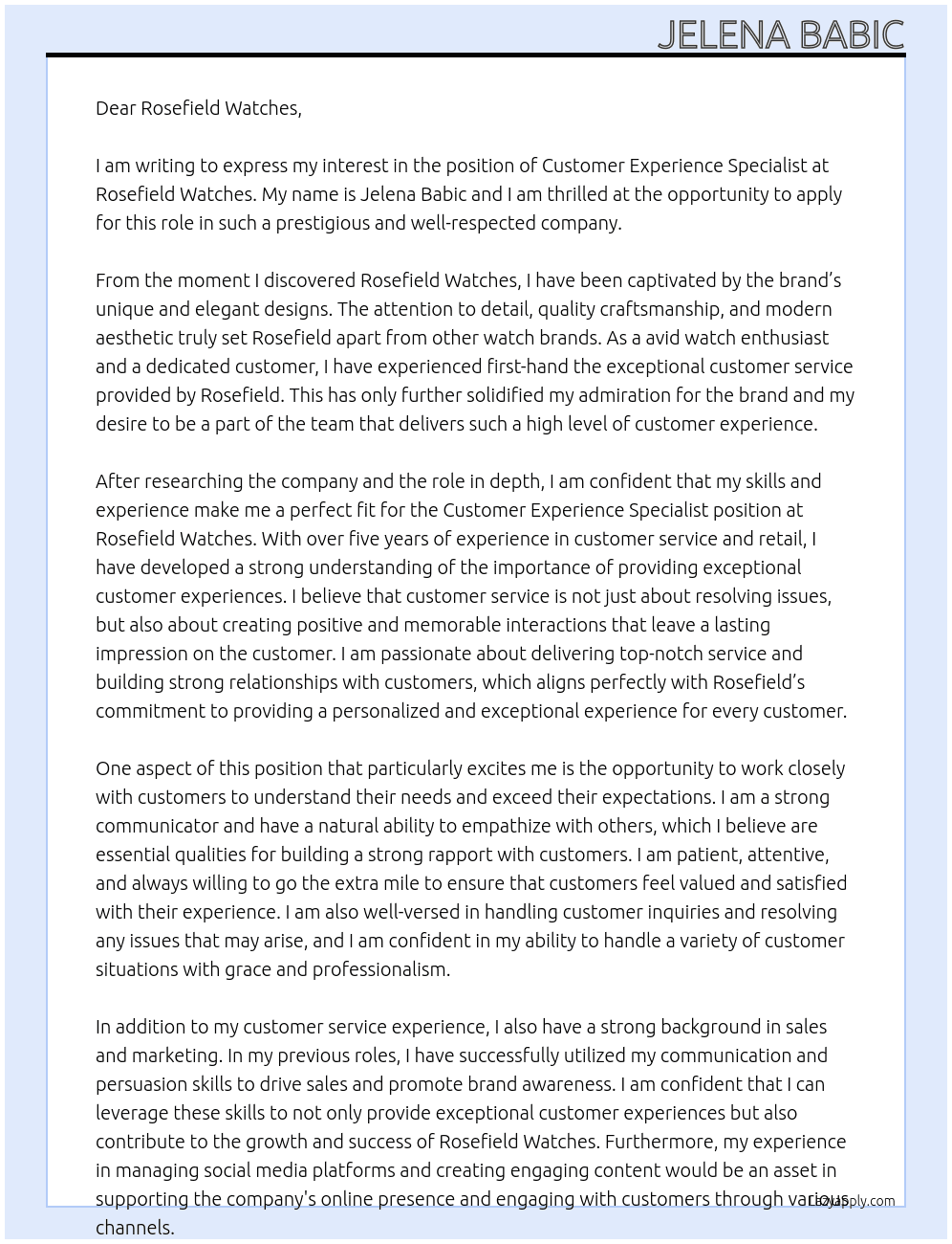 Customer Experience Specialist At Rosefield Watches Cover Letter