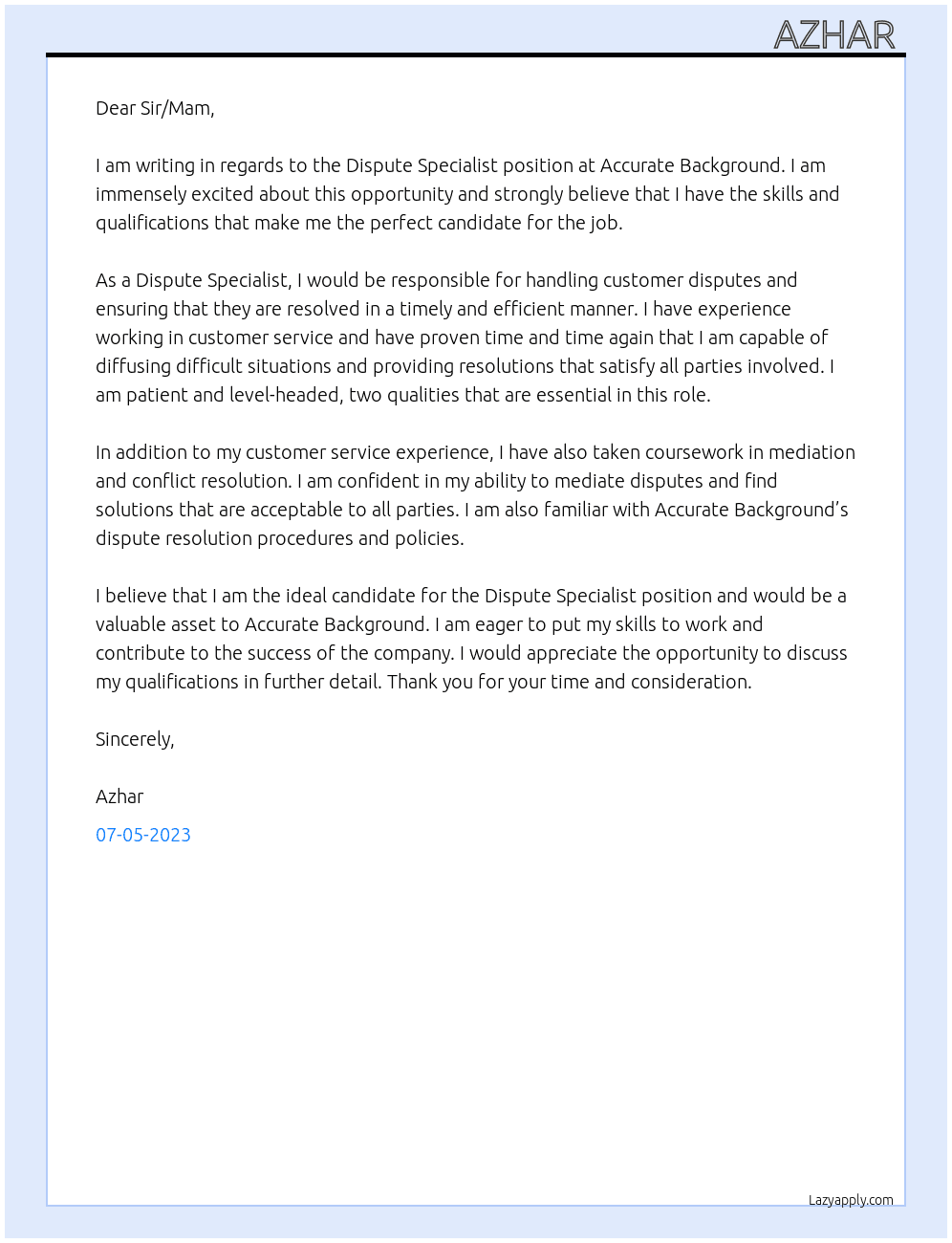 Dispute Specialist  At Accurate Background  Cover Letter
