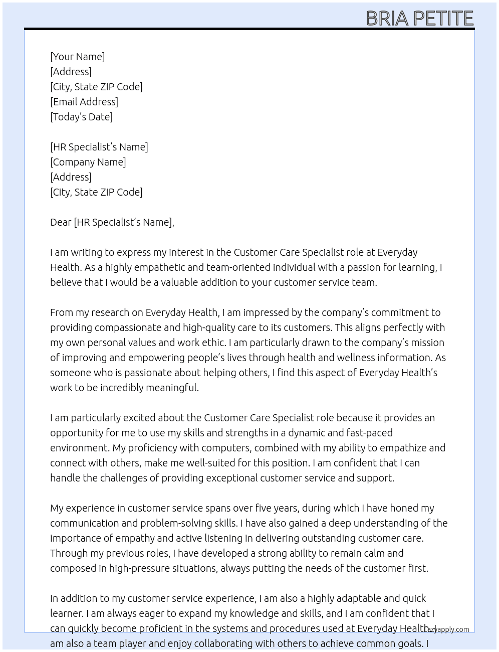customer care specialist At Everyday Health Cover Letter