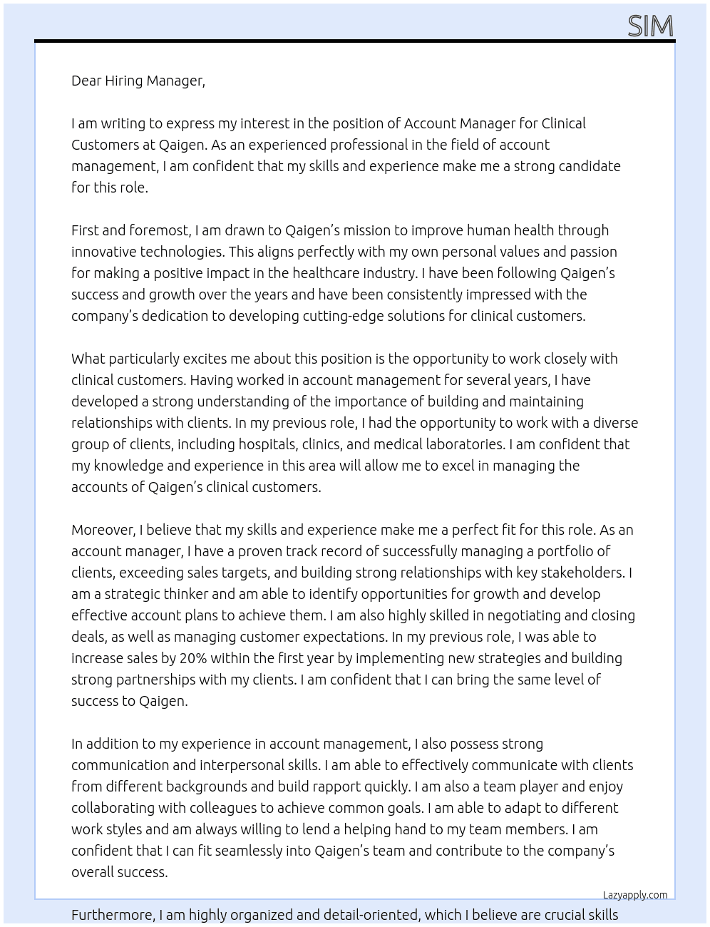 Account Manager, Clinical Customers, QDI At Qaigen Cover Letter