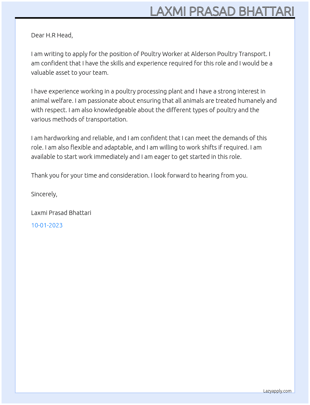 POULTRY WORKERS At Alderson Poultry Transport Cover Letter