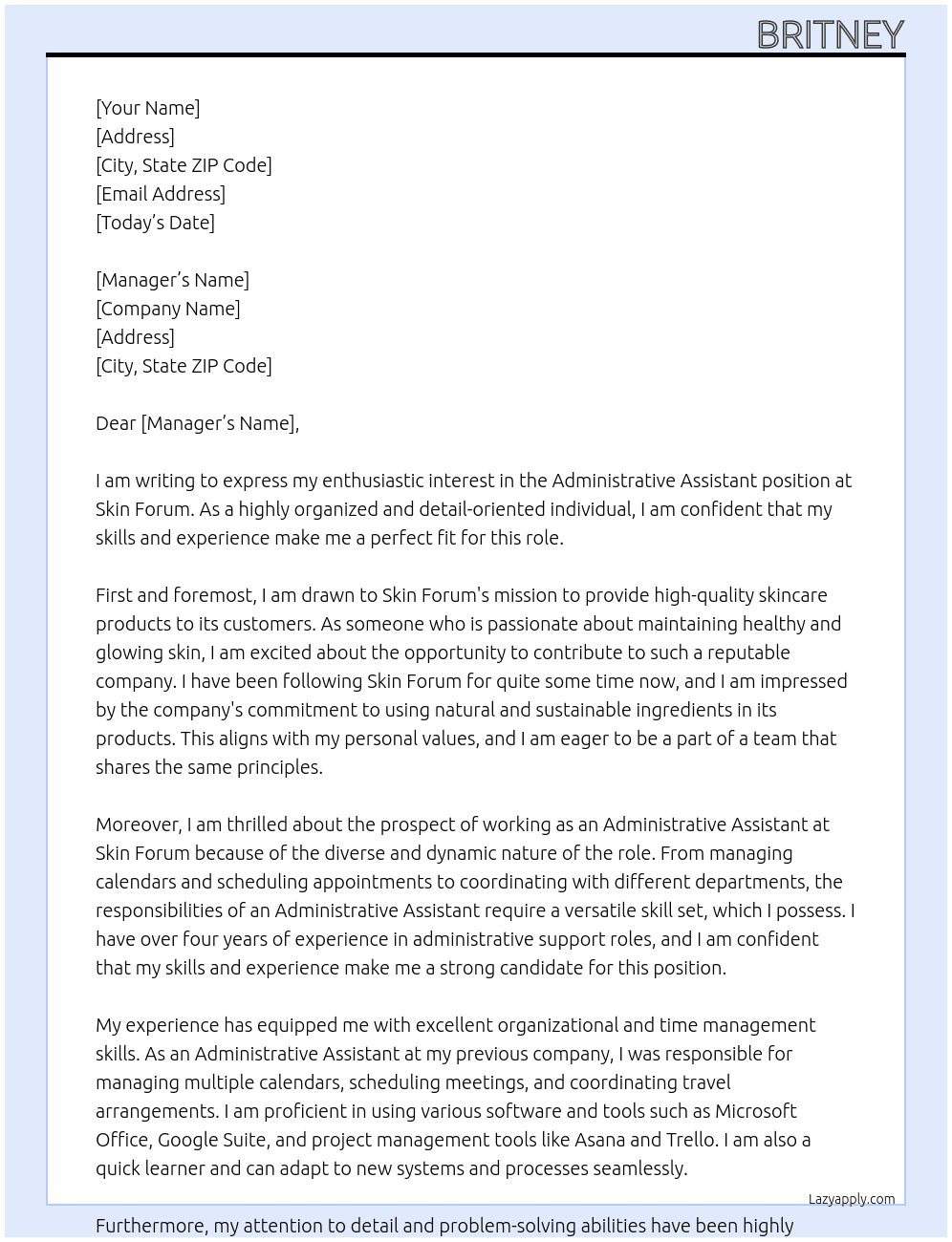 Administrative Assistant At Skin Forum Cover Letter