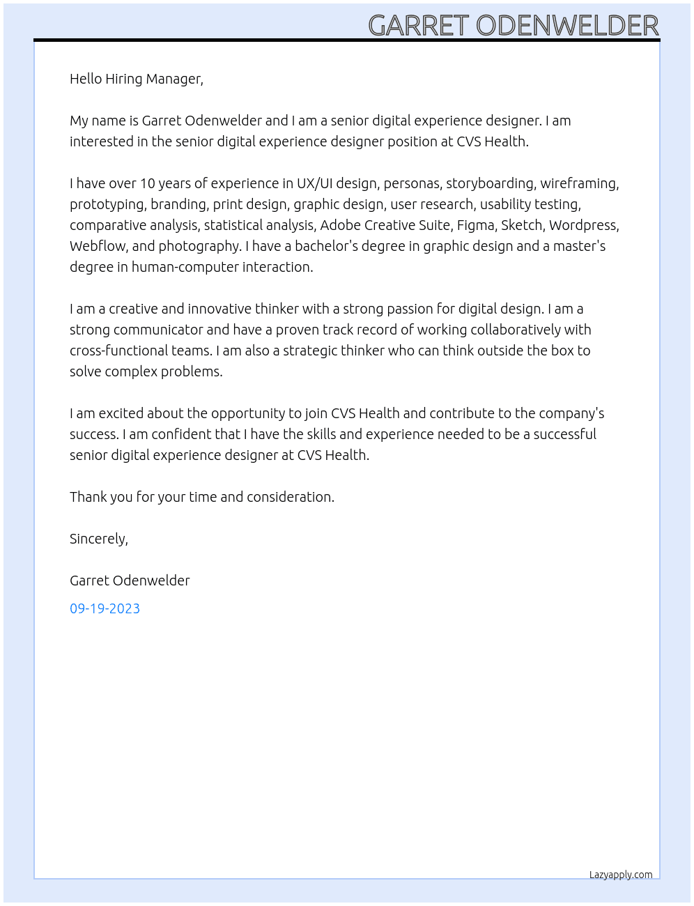 Senior Digital Experience Designer At CVS Health Cover Letter