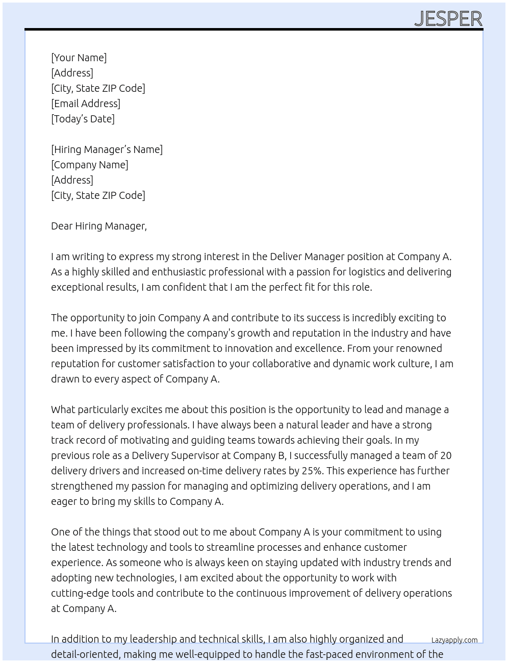 Deliver manager At Company A Cover Letter