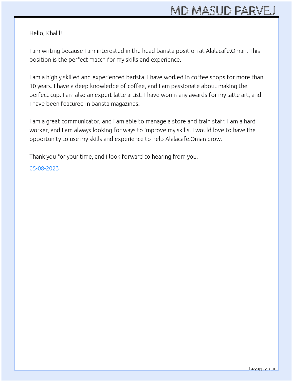 Head barista  At Alalacafe.Oman Cover Letter