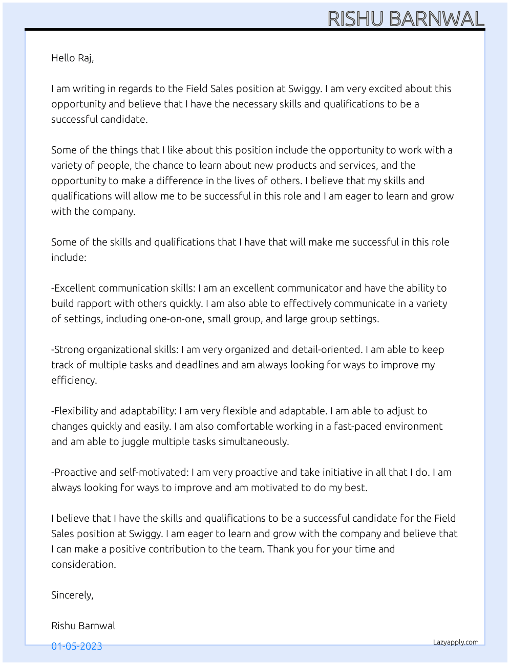 Field sales At Swiggy  Cover Letter