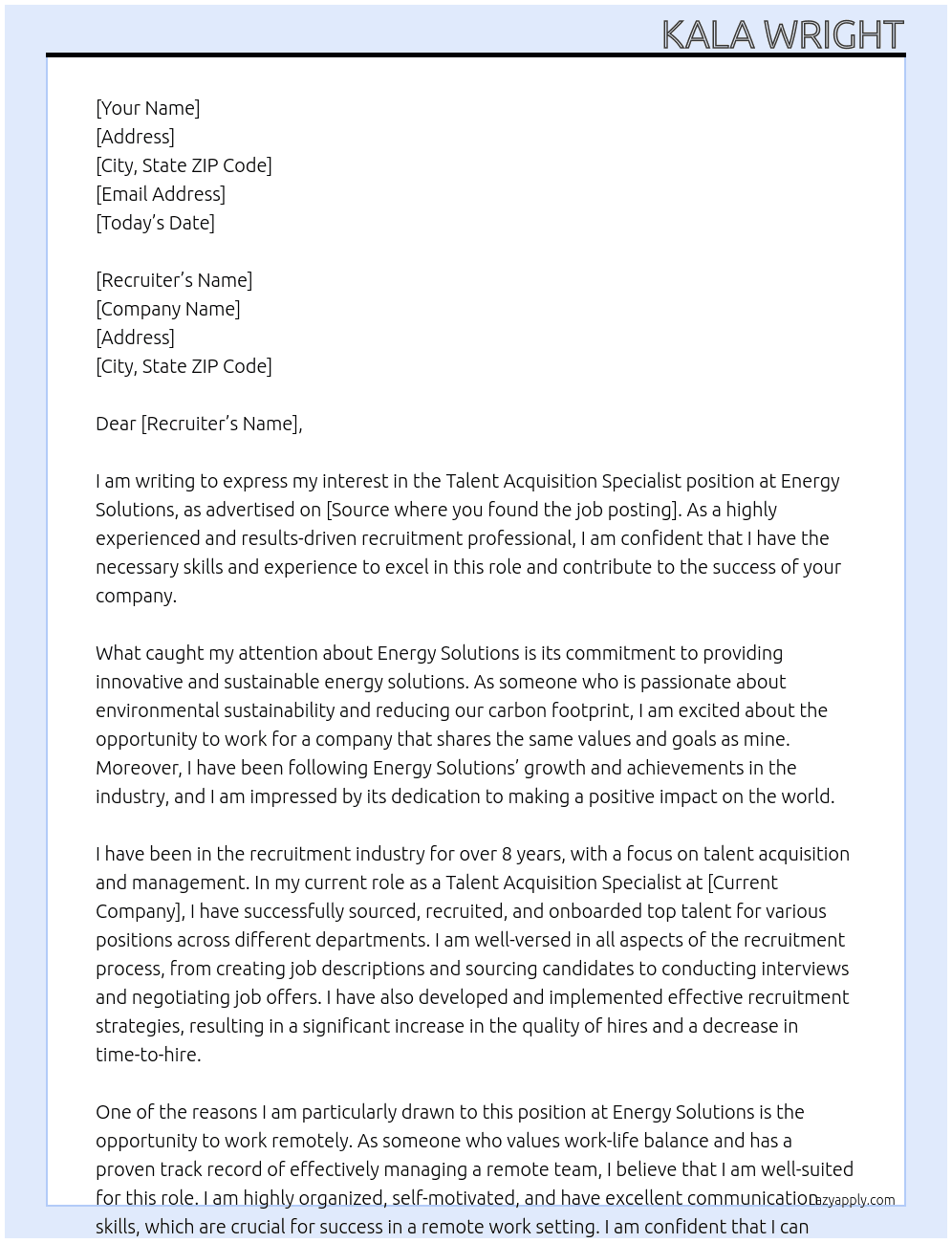 Talent Acquisition Specialist At Energy Solutions Cover Letter