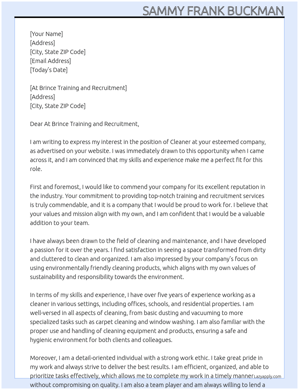 cleaner At At Brince Training and Recruitment Cover Letter
