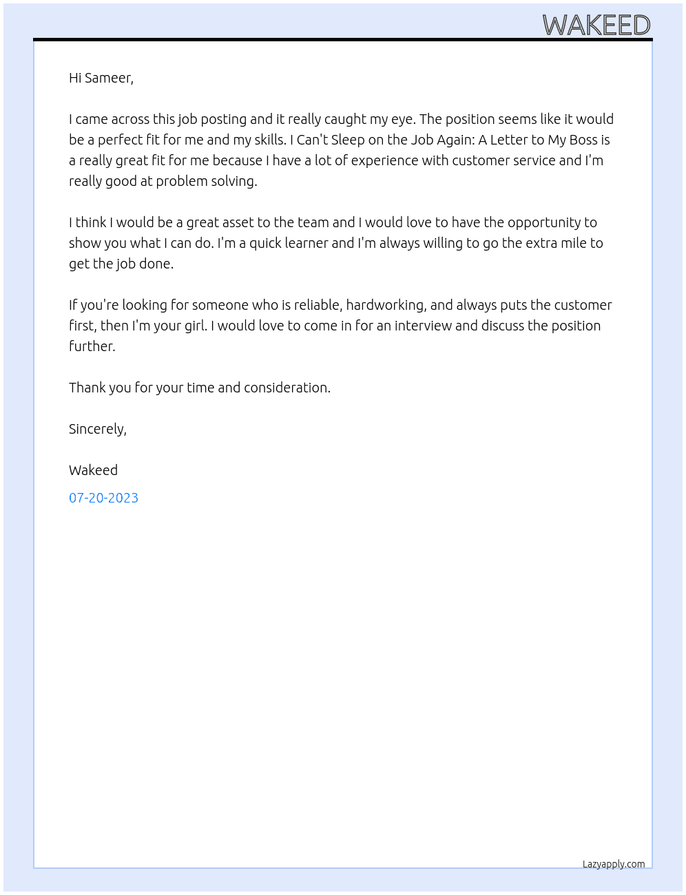 I Can't Sleep on the Job Again: A Letter to My Boss At hotel supreme  Cover Letter