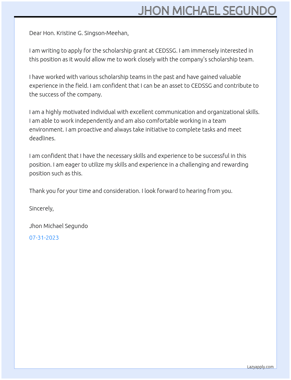Scholarship Grant At CEDSSG Cover Letter