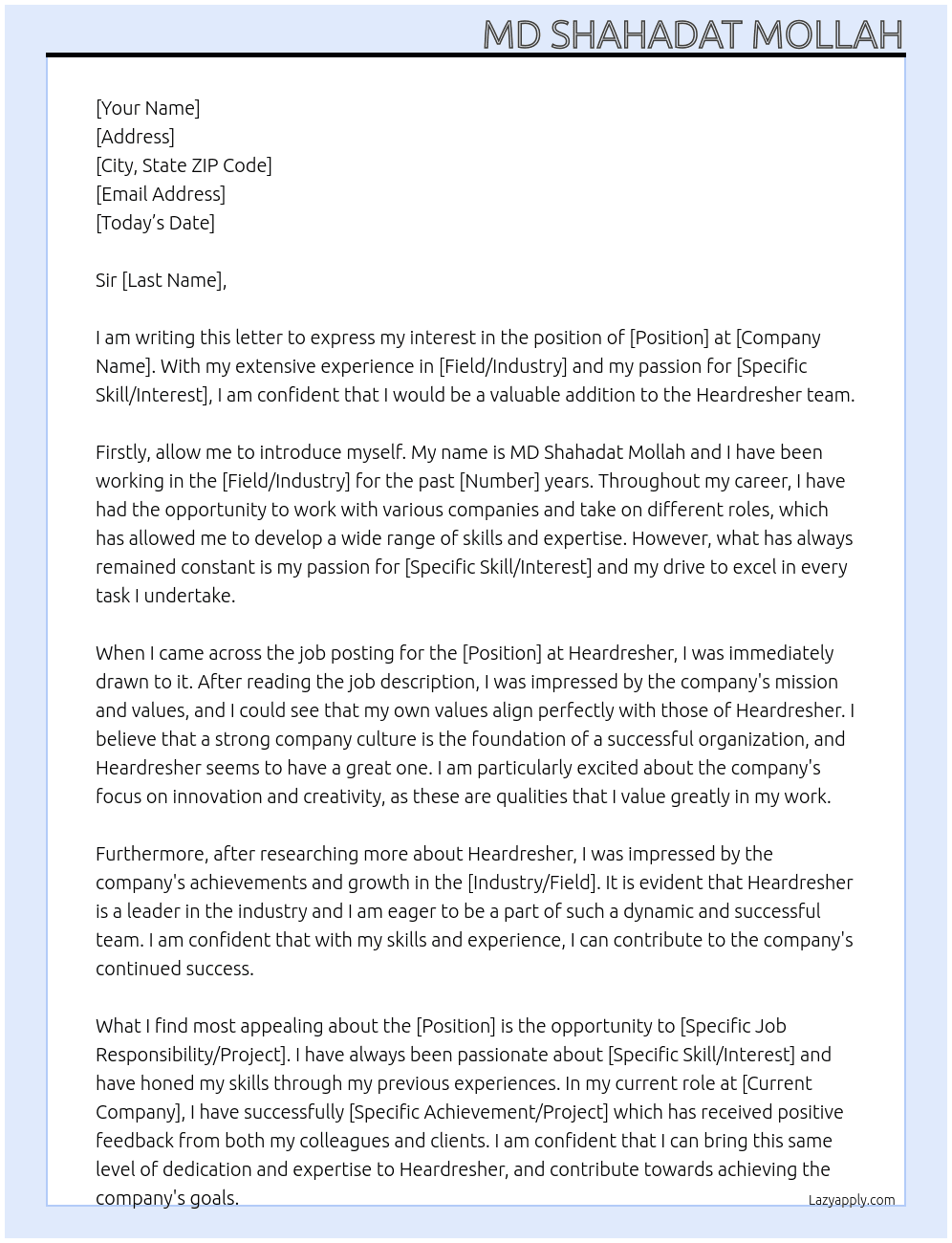 X compay At Heardresher Cover Letter