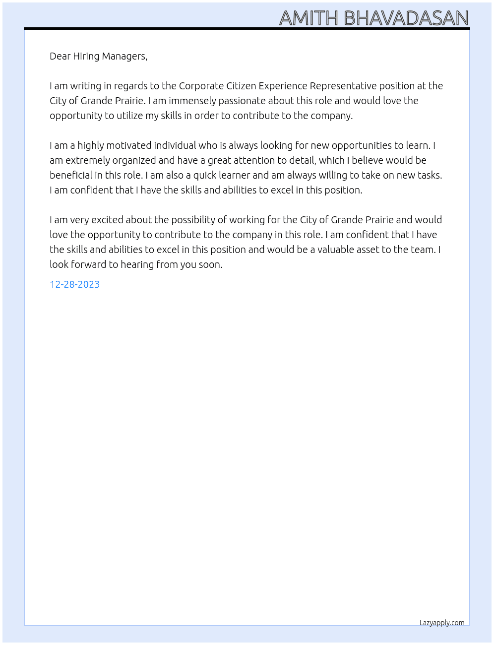  Corporate Citizen Experience Representative At City of Grande Prairie  Cover Letter