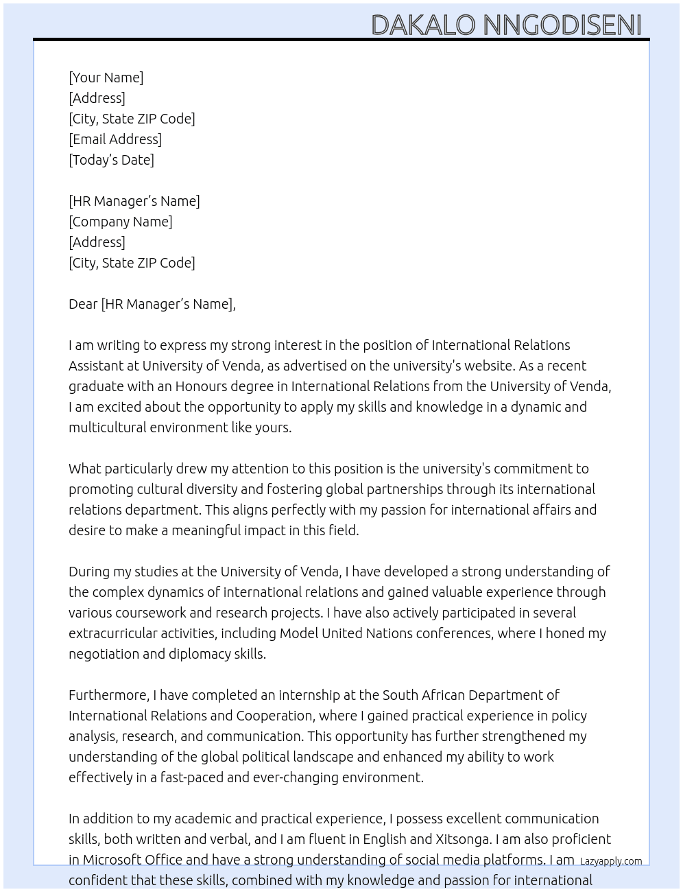 International relations assistant  At University of Venda  Cover Letter