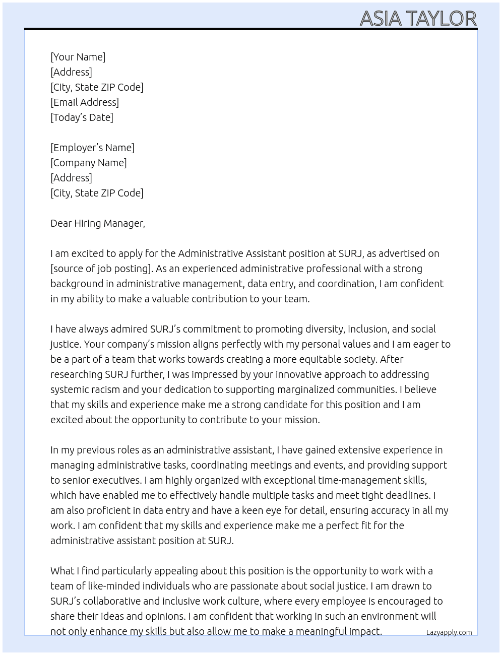 administrative assistant At SURJ Cover Letter