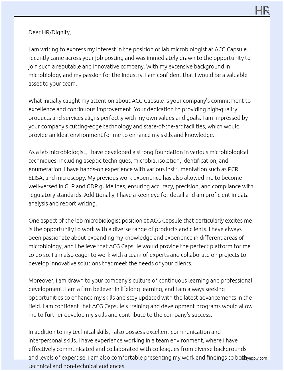 lab microbiologist  At ACG capsule Cover Letter