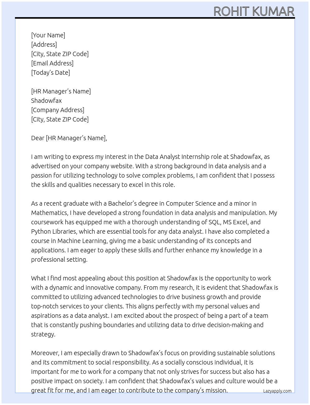Data analyst  At Shadowfax  Cover Letter