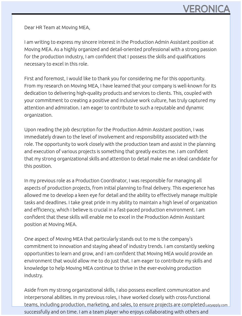Production Admin Assistant At Moving MEA Cover Letter