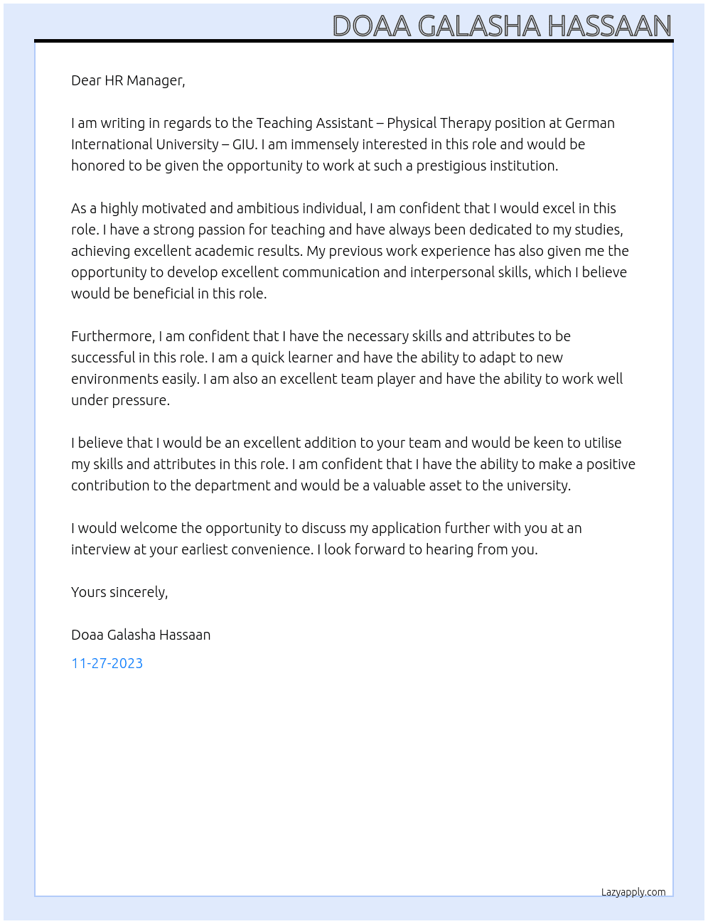Teaching Assistant – Physical Therapy At German International University - GIU  Cover Letter