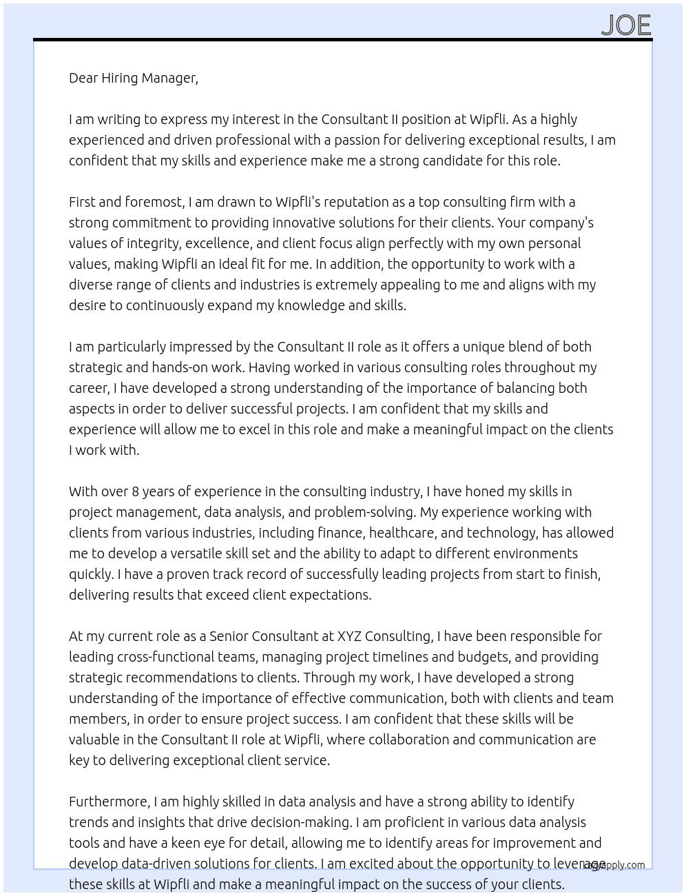Consultant II At Wipfli Cover Letter