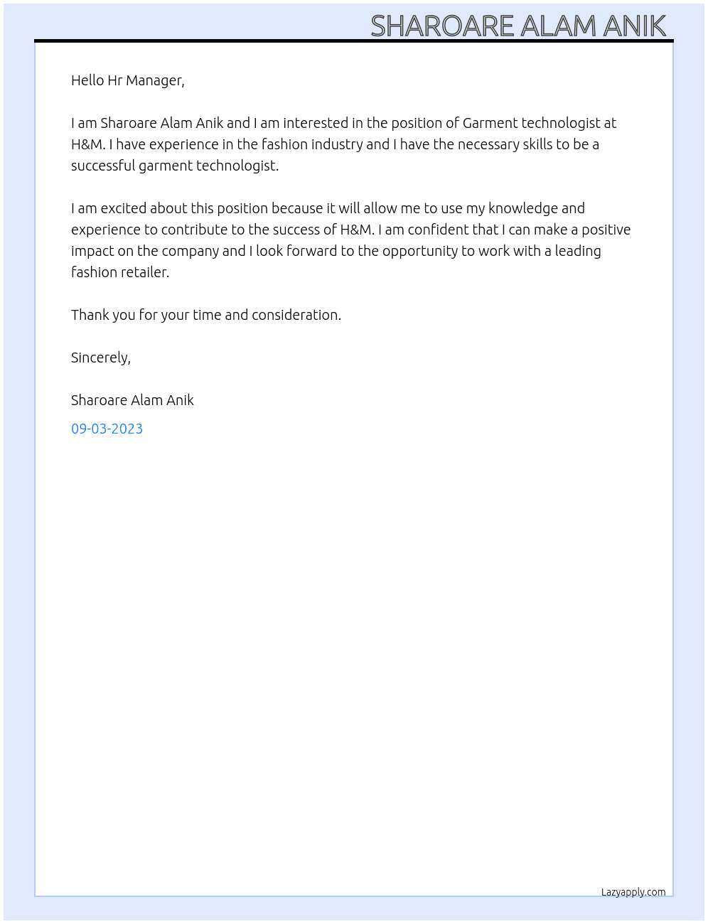 Garment technologist  At H&M Cover Letter