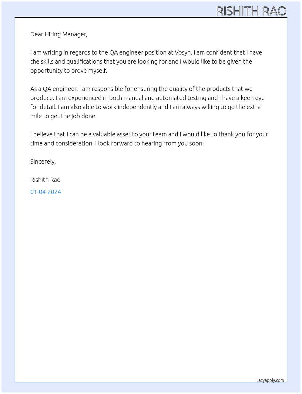 QA engineer At Vosyn Cover Letter