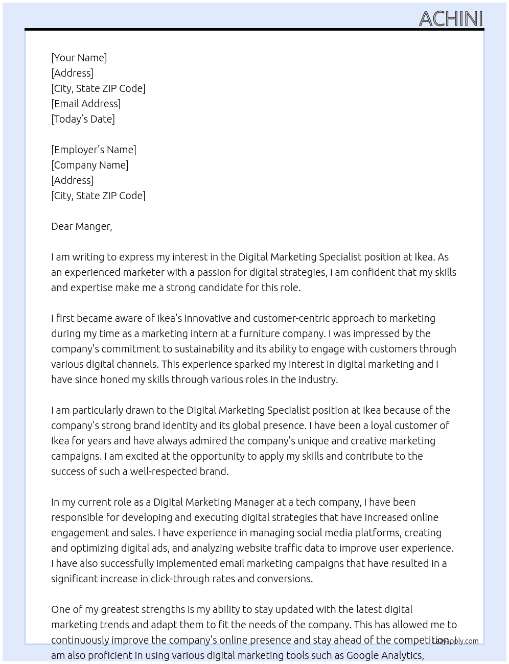 Digital Marketing specialist At Ikea Cover Letter
