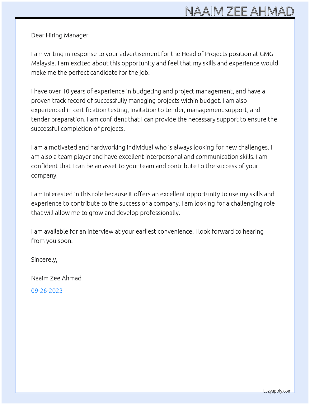 Head of Projects At GMG Malaysia Cover Letter