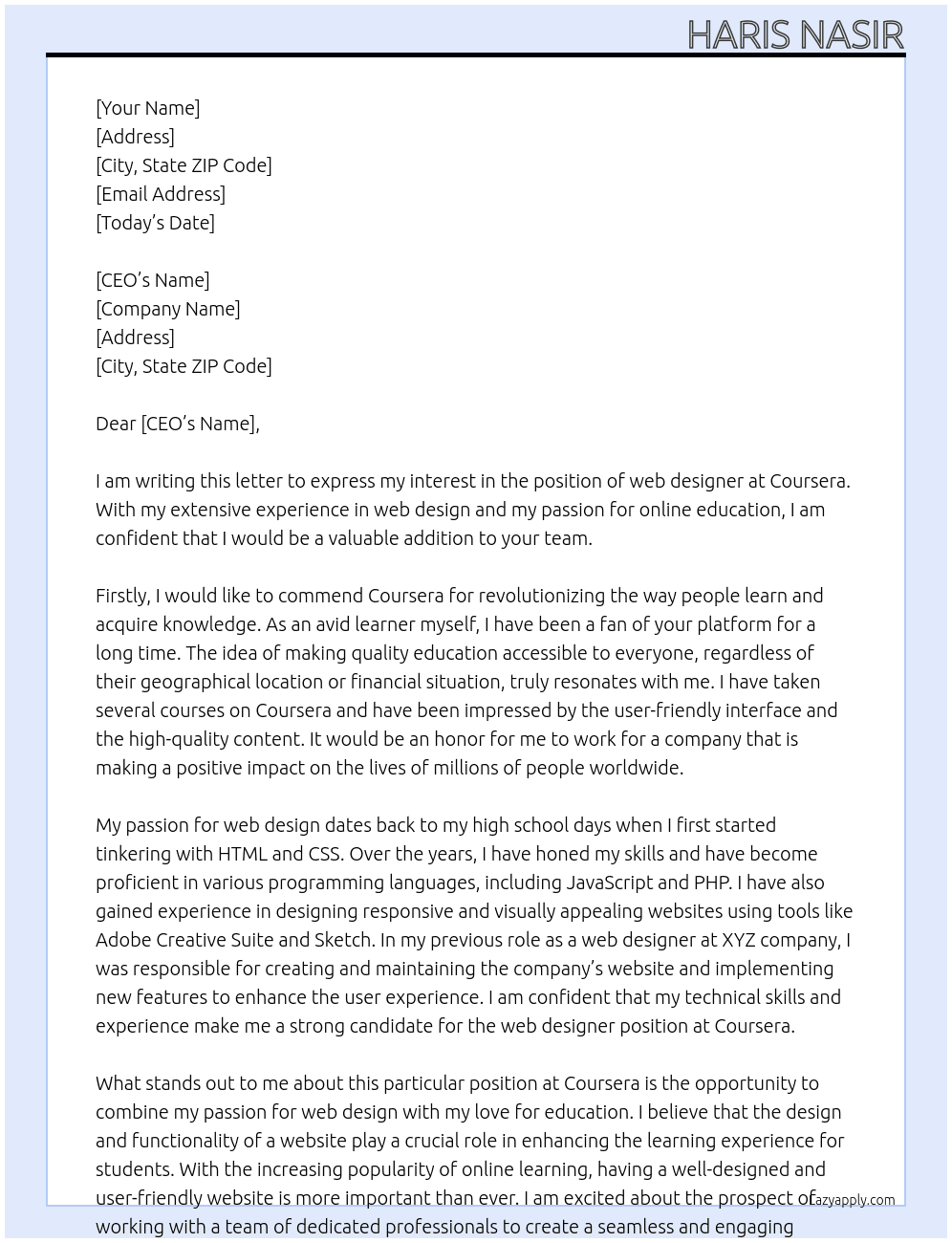 web designer At Coursera Cover Letter