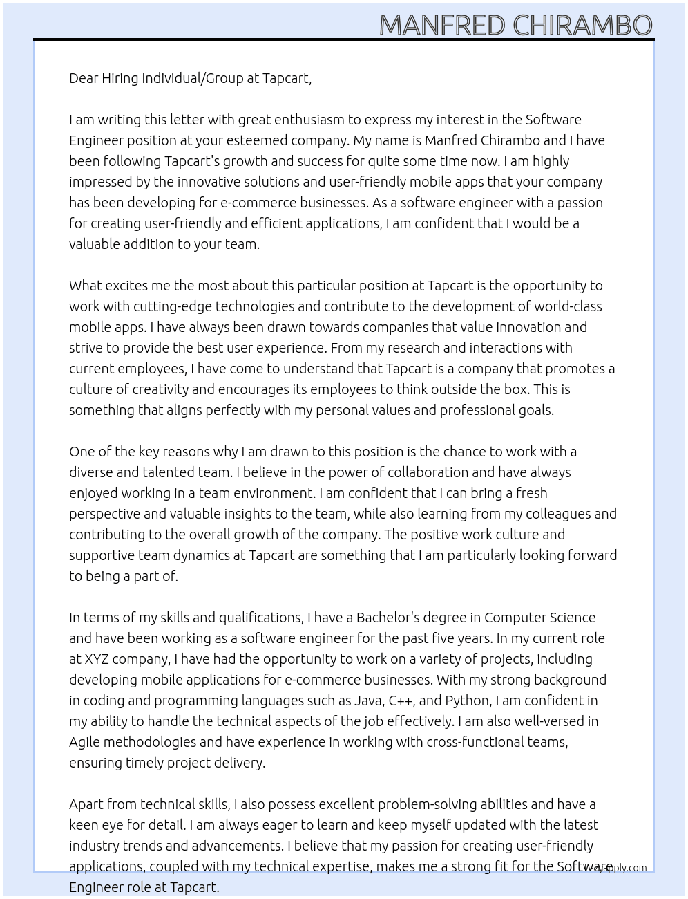 Software Engineer At Tapcart Cover Letter