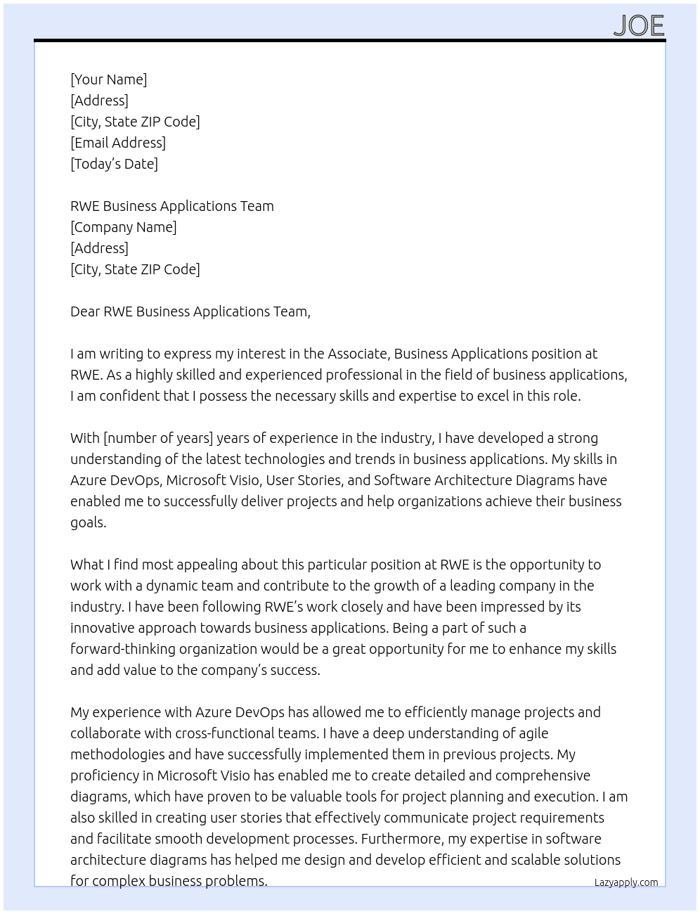 Associate, Business Applications At RWE Cover Letter