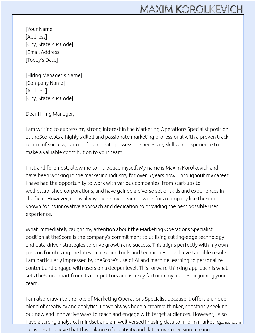 Marketing Operations Specialist At theScore Cover Letter