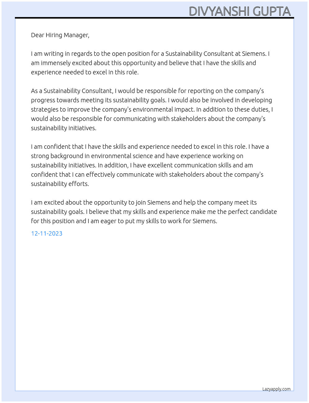 Sustainability Consultant   At siemens Cover Letter