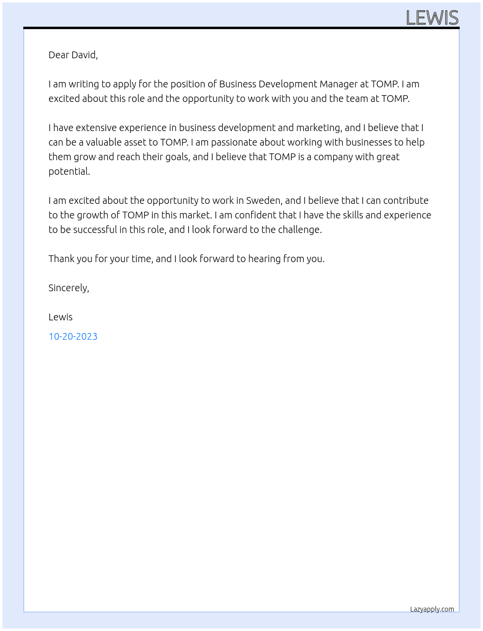 Business Development Manager At TOMP Cover Letter