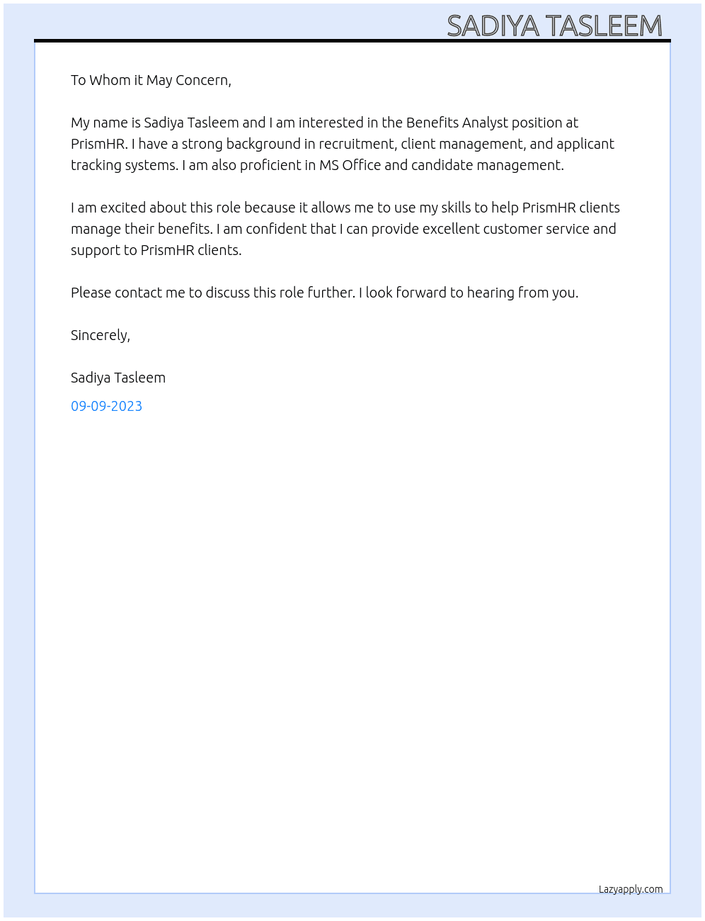 Benefits Analyst  At PrismHR  Cover Letter