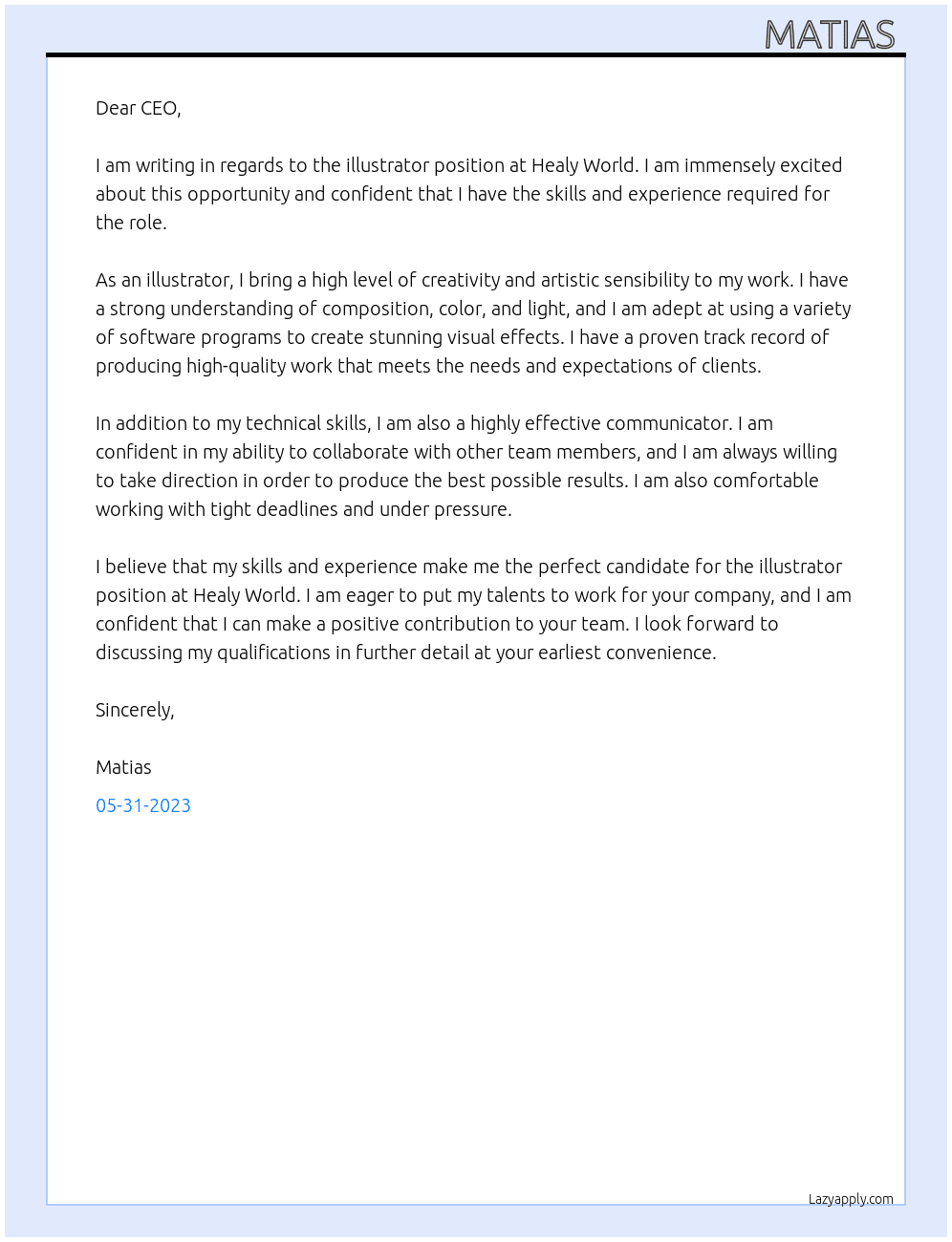 Illistrator At Healy World Cover Letter