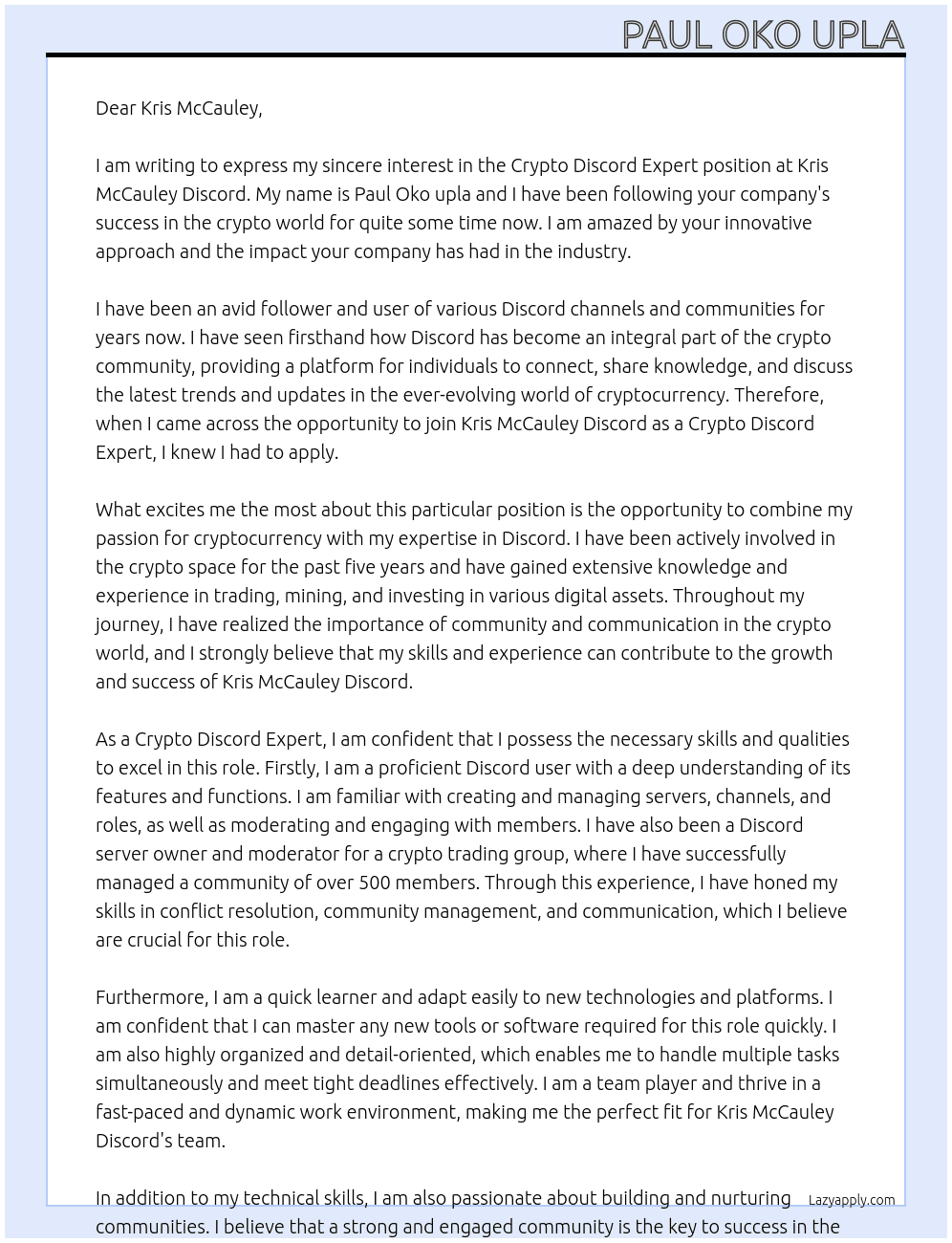 Crypto Discord Expert At Kris McCauley Discord  Cover Letter