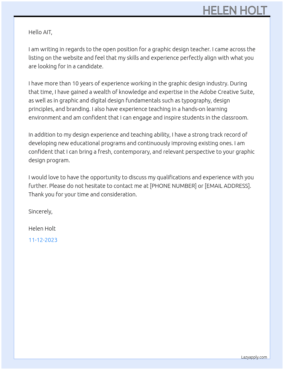 graphic design teacher At AIT Cover Letter
