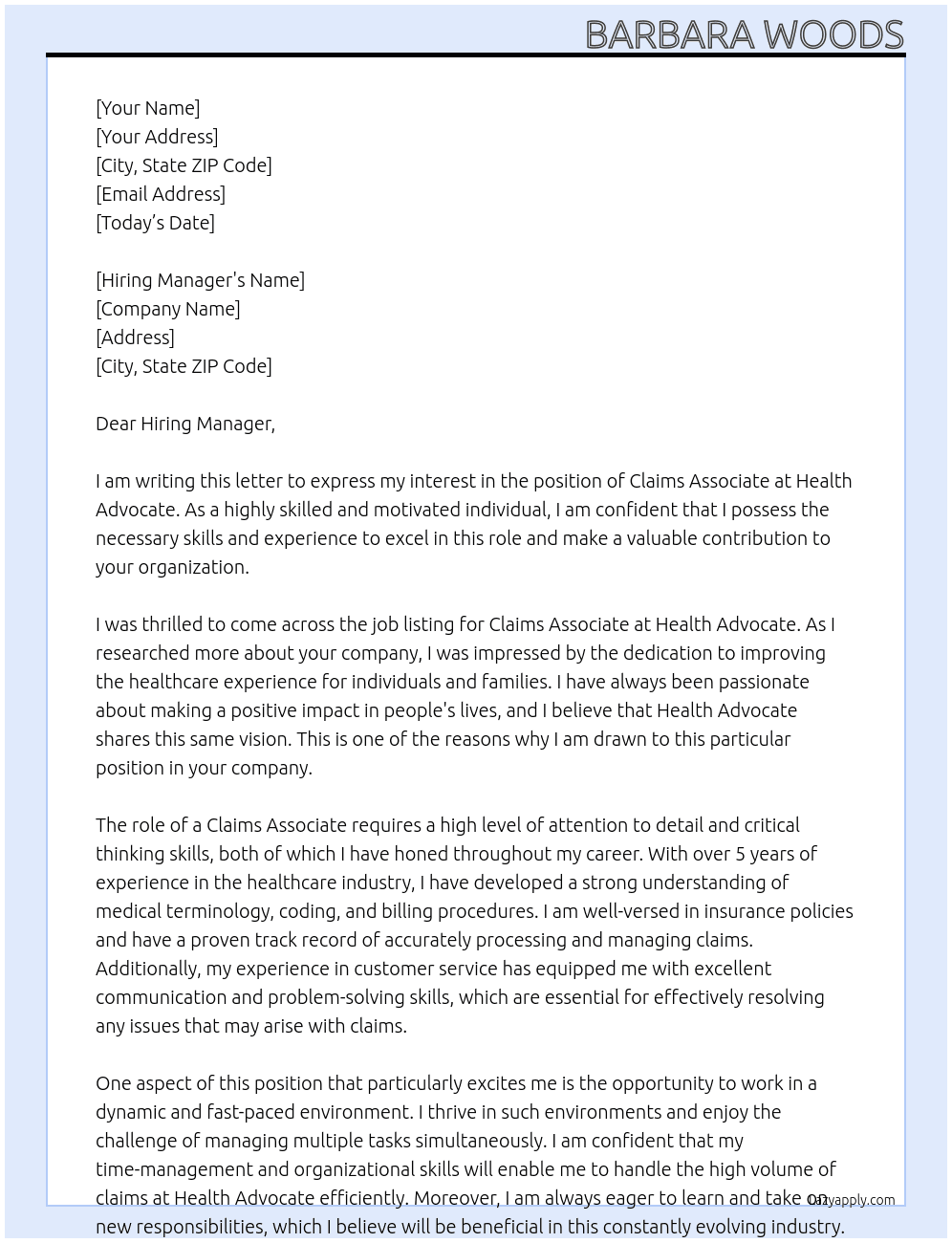 Claims Associate At Health Advocate Cover Letter