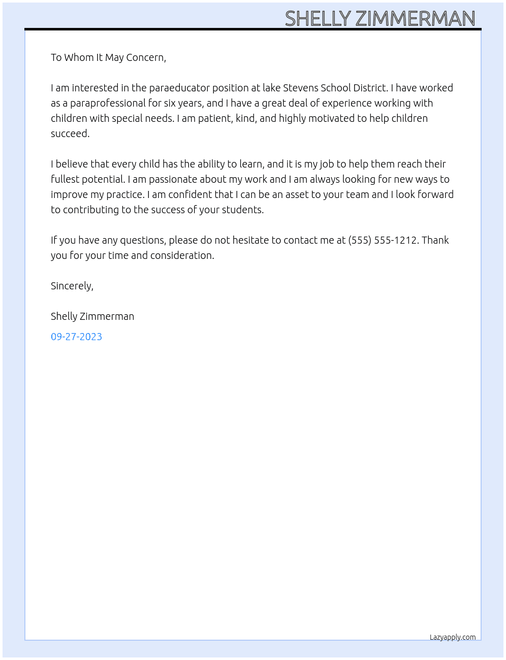 paraeducator  At lake Stevens School District Cover Letter