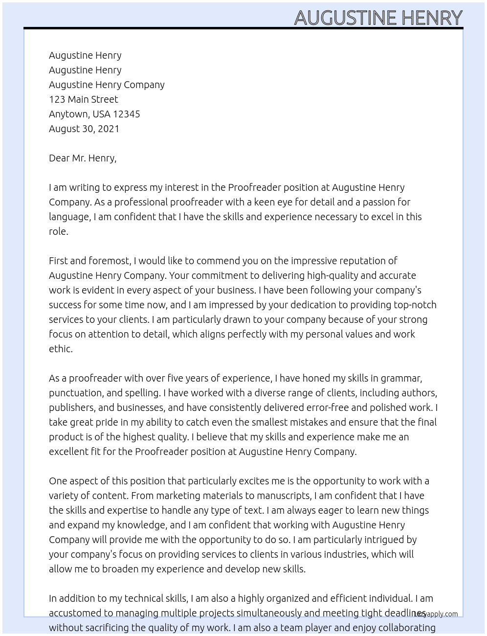 proofreader At Augustine Henry Cover Letter