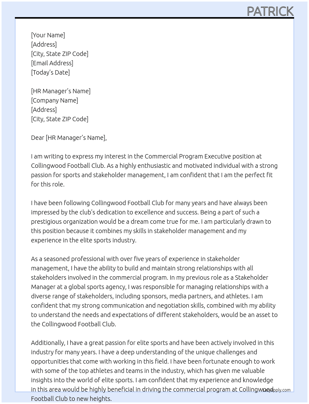 Commercial Program Executive At Collingwood Football Club Cover Letter