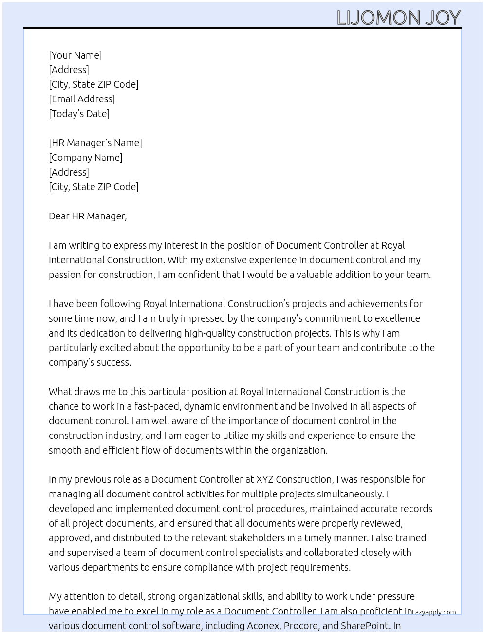 Document Controller At Royal International Construction Cover Letter