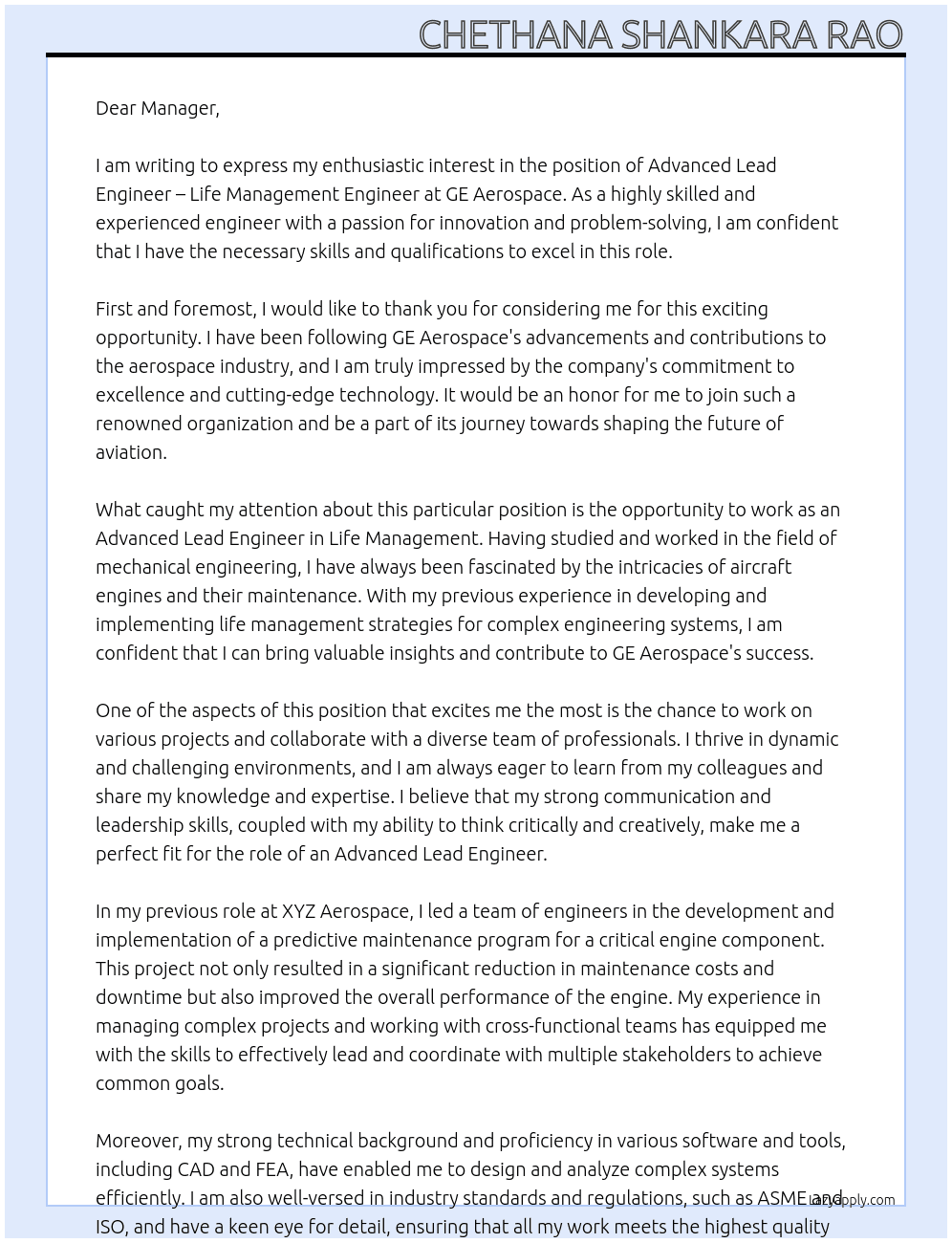 Advanced Lead Engineer – Life Management Engineer At GE Aerospace Cover Letter