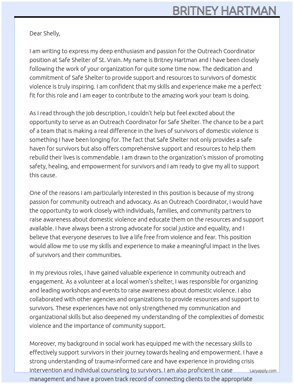 Outreach Coordinator  At Safe Shelter if St. Vrain Cover Letter