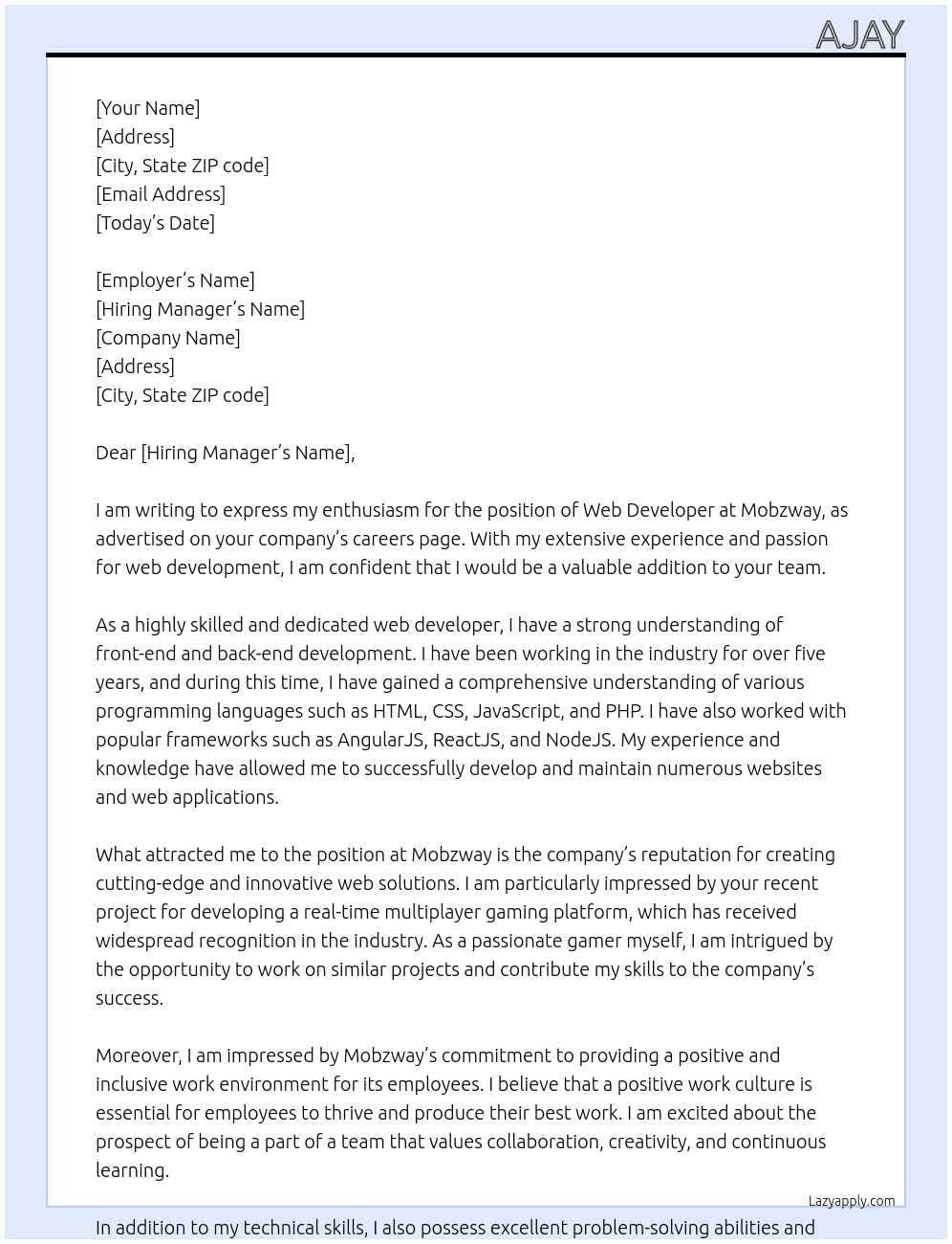 Web Developer  At Mobzway Cover Letter