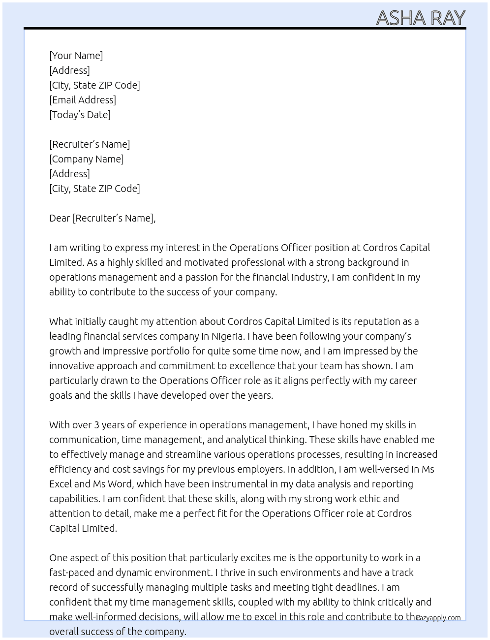 Operations officer  At Cordros Capital Limited  Cover Letter