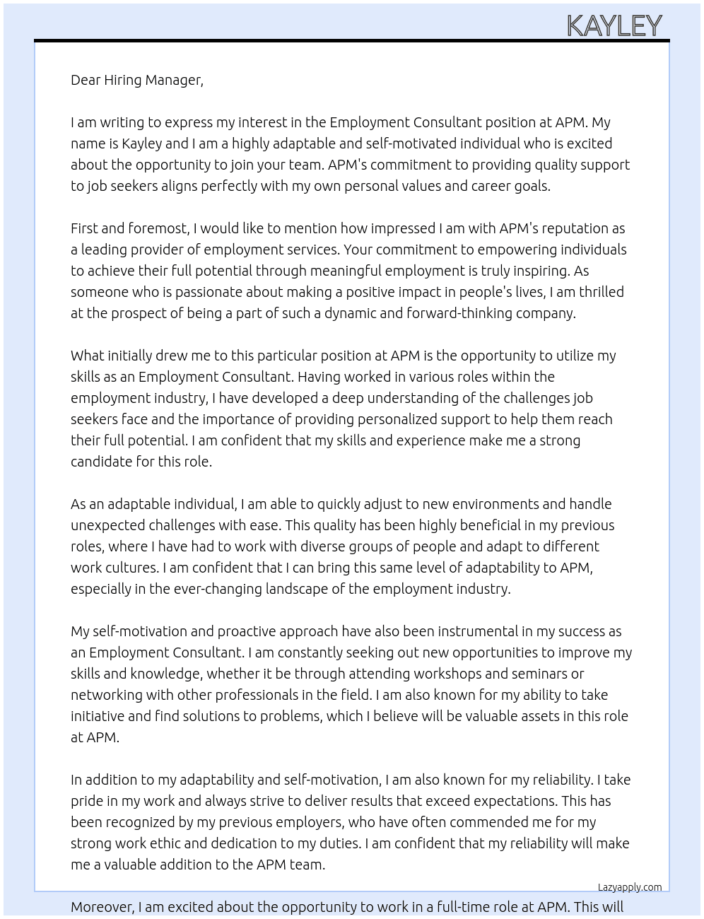 Employment consultant At APM Cover Letter