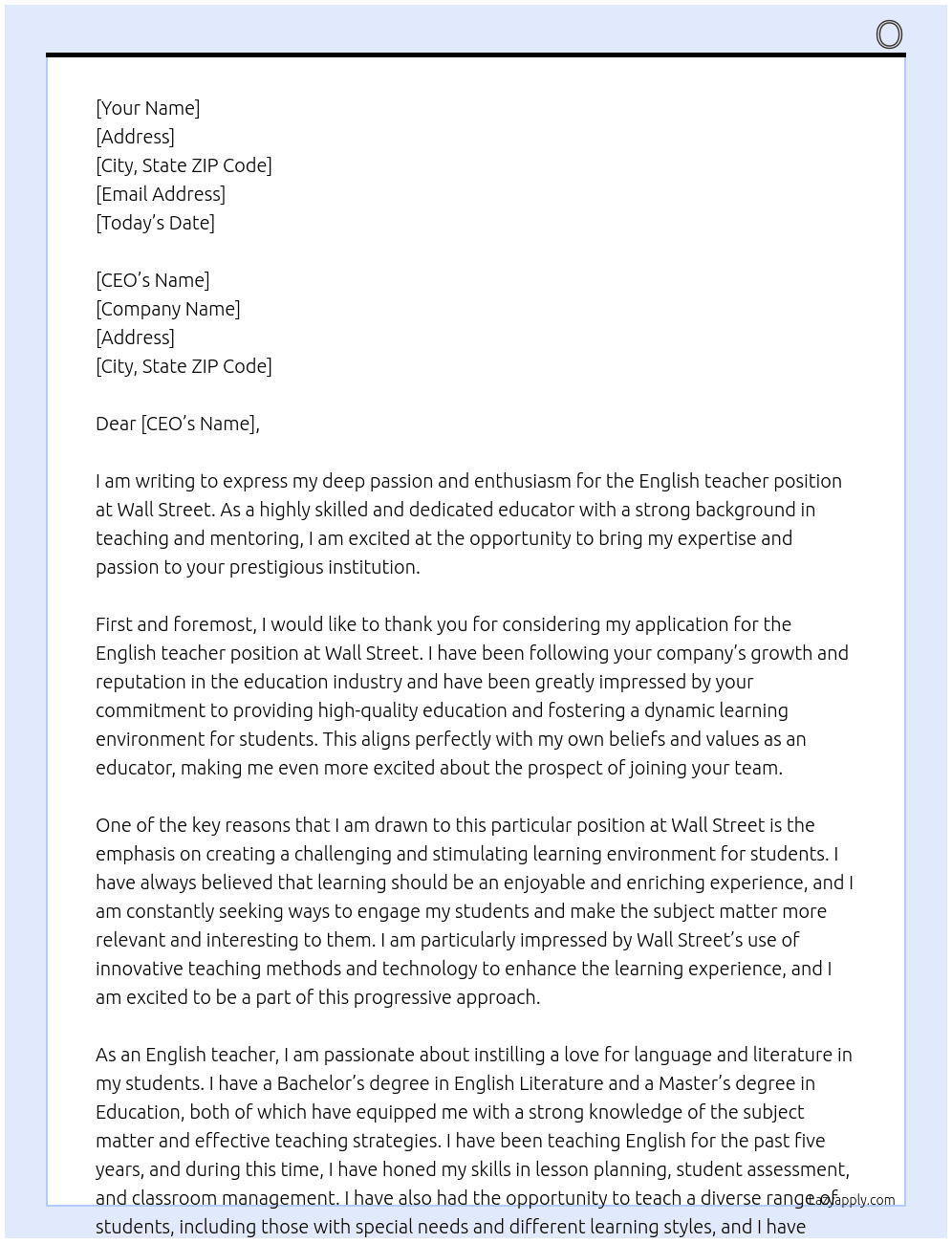 English teacher At Wall street Cover Letter