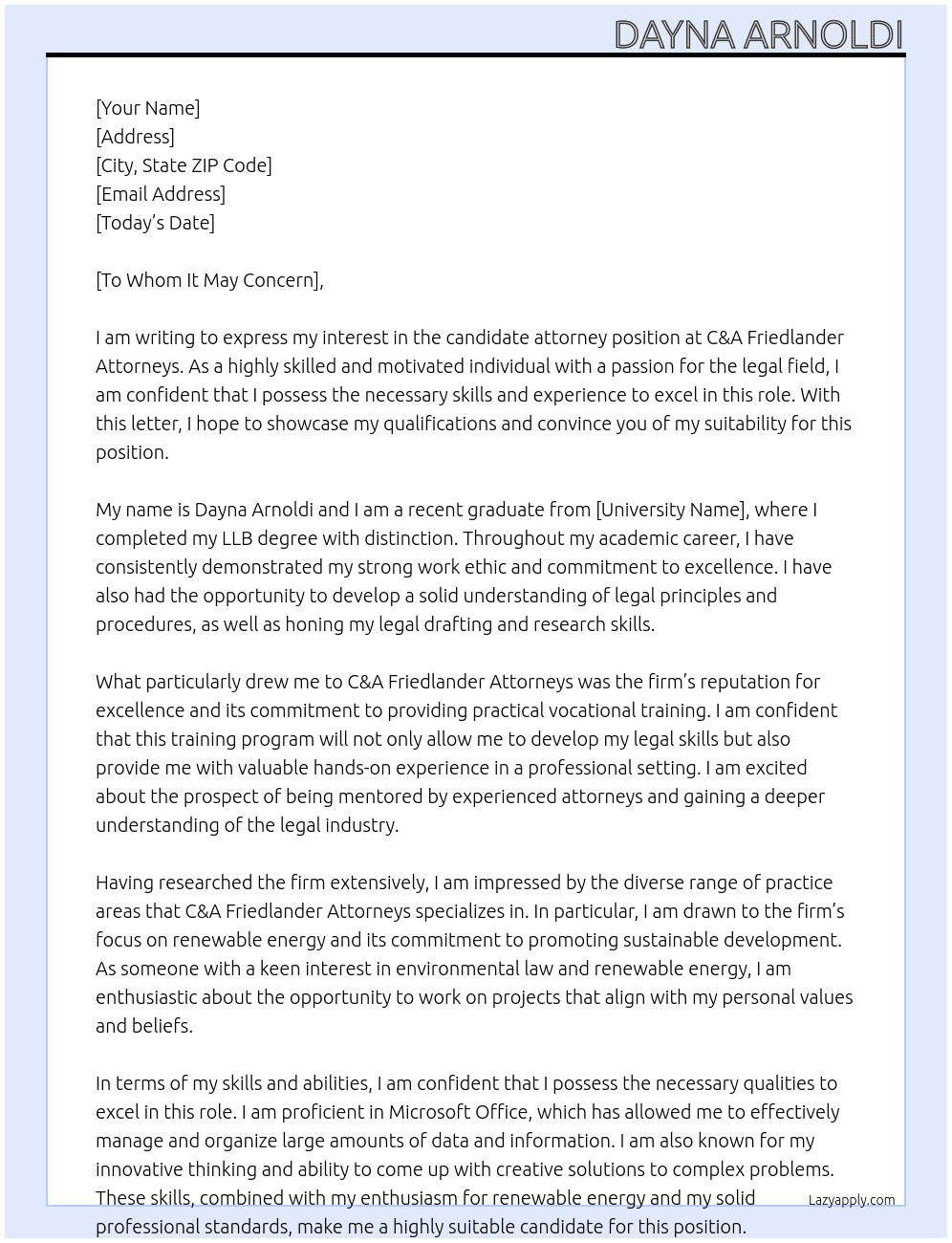 candidate attorney At C&A Friedlander Attorneys Cover Letter