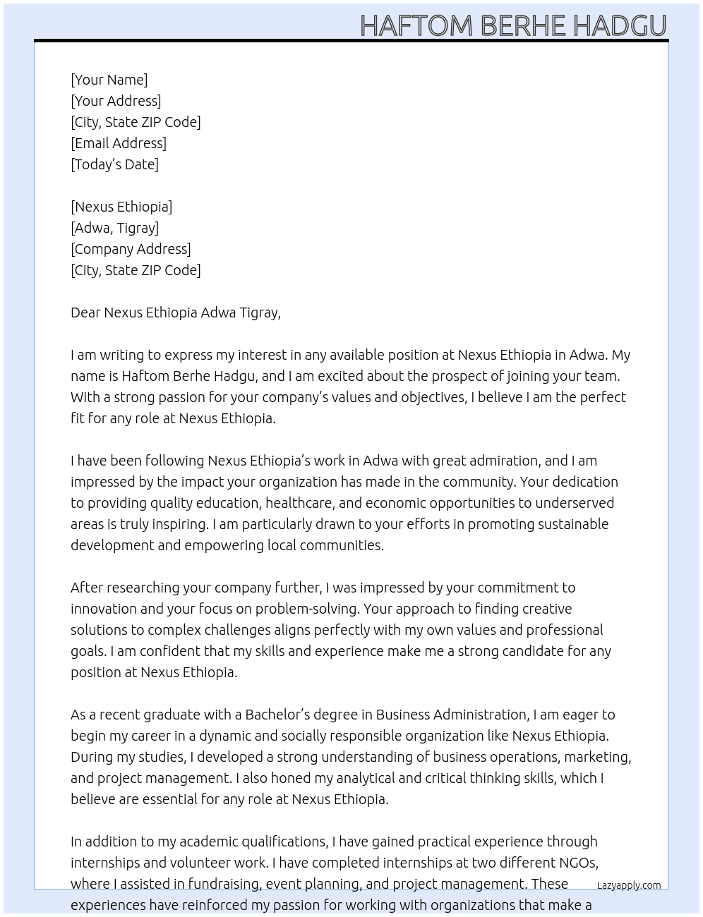 Any available  At Nexus Ethiopia  Cover Letter